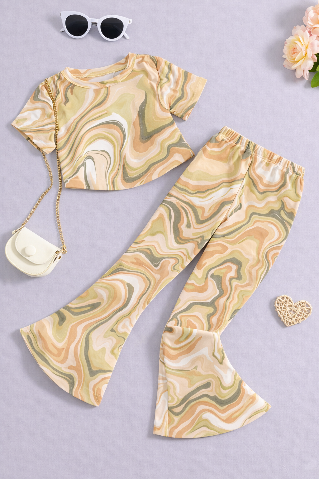 Girls Beige Marble Co-Ord Set | Kids Crop Top & Flared Pants Outfit | Trendy Western Wear for Girls