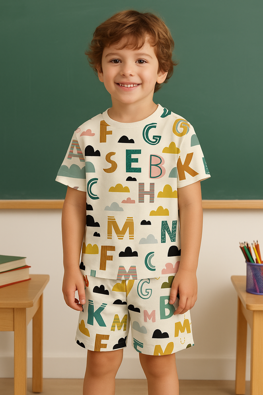 “Alphabet Cloud Cord Set – Playful Multicolor ABC Print Outfit for Boys” Half Sleeve T-Shirt & Shorts Co-ord Set – Soft Cotton Nightwear / Lounge Wear