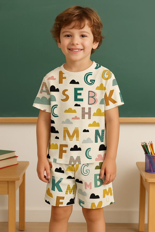 Kids Alphabet Cloud Cord Set – Playful Multicolor ABC Print Outfit for Boys Half Sleeve T-Shirt & Shorts Co-ord Set – Soft Cotton Nightwear / Lounge Wear