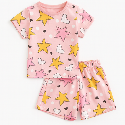 Pink Star & Heart Printed Cordset For Girls