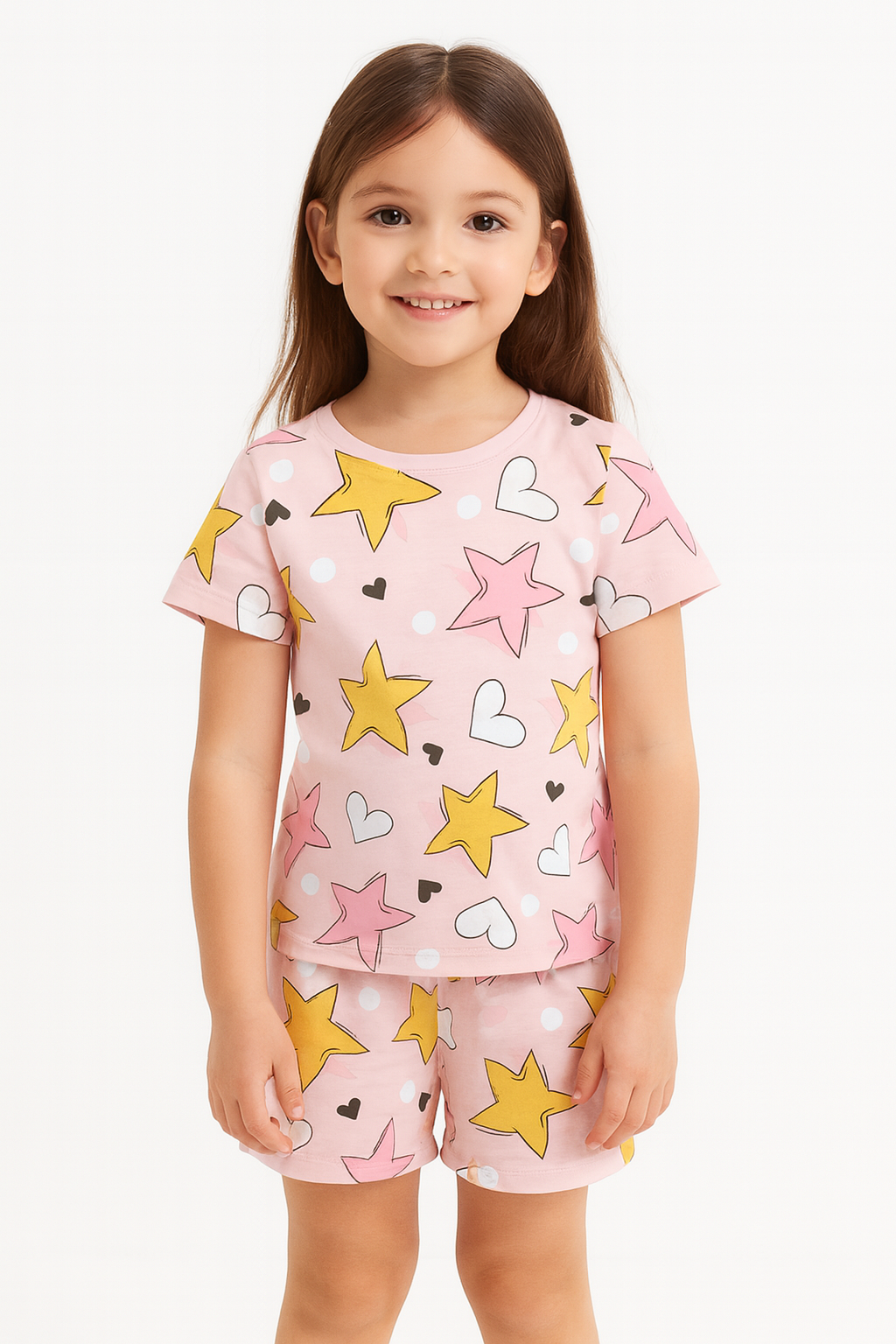 Starry Love Cord Set | Pink Star & Heart Print Cotton T-shirt & Shorts | Cute Summer Outfit for Girls