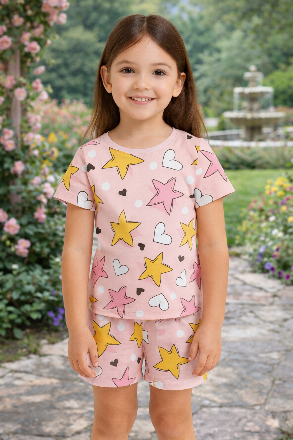 Starry Love Cord Set | Pink Star & Heart Print Cotton T-shirt & Shorts | Cute Summer Outfit for Girls
