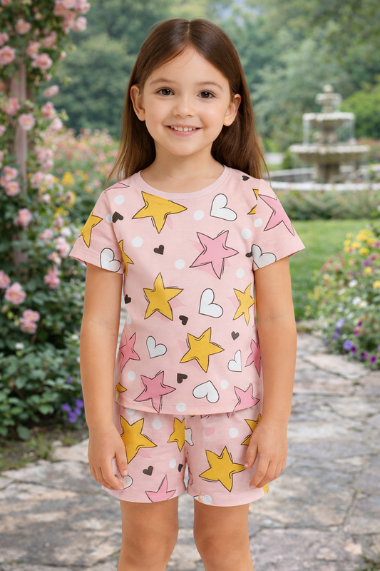 Starry Love Cord Set | Pink Star & Heart Print Cotton T-shirt & Shorts | Cute Summer Outfit for Girls