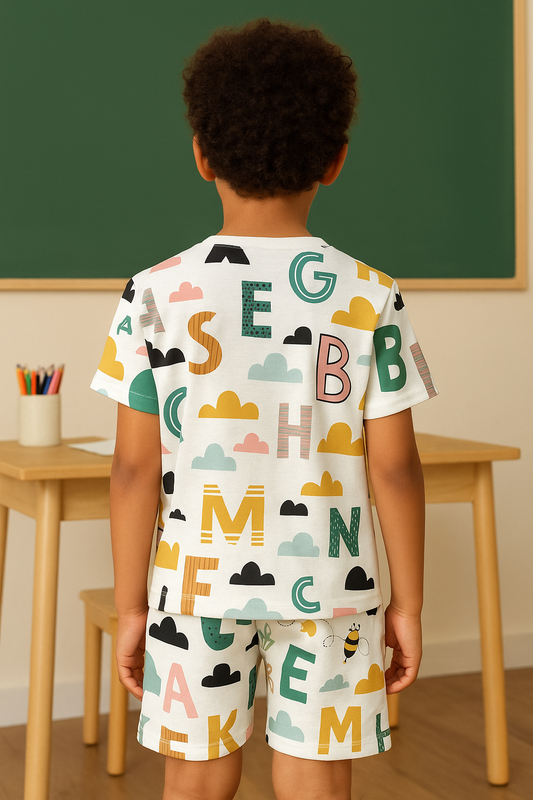 “Alphabet Cloud Cord Set – Playful Multicolor ABC Print Outfit for Boys” Half Sleeve T-Shirt & Shorts Co-ord Set – Soft Cotton Nightwear / Lounge Wear