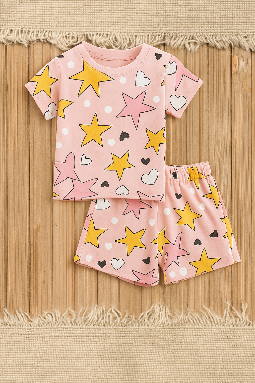 Pink Star & Heart Printed Cordset For Girls