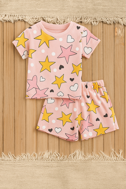 Pink Star & Heart Printed Cordset For Girls