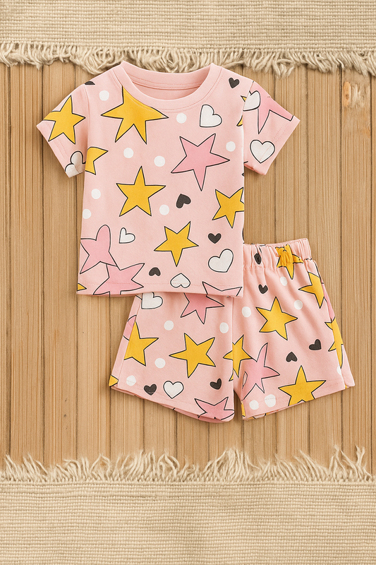 Pink Star & Heart Printed Cordset For Girls