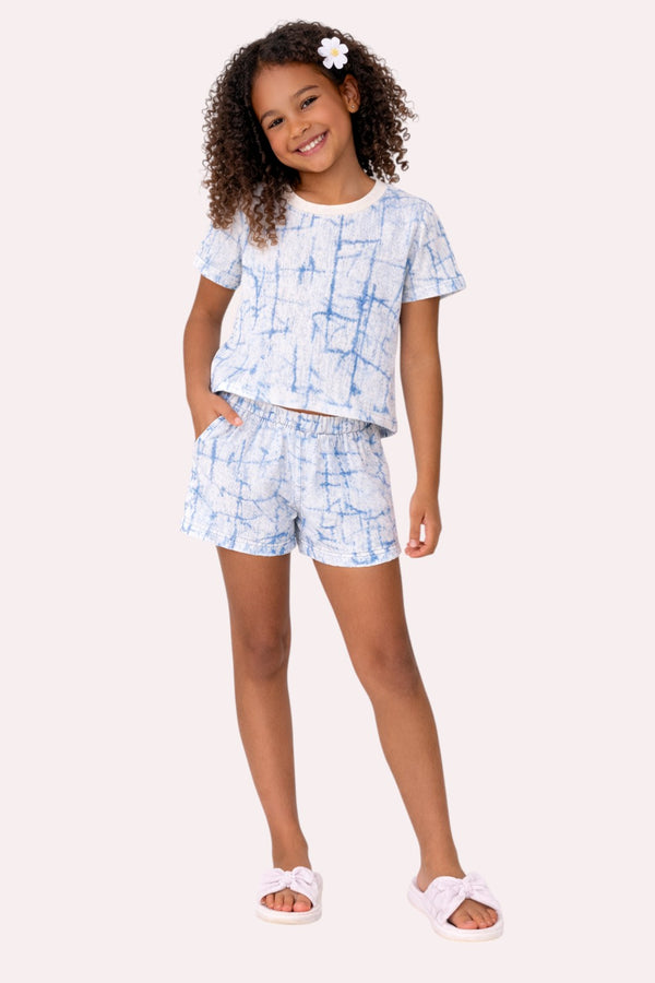 Horcun Clothing Brand girls' azure blue abstract sketch print co-ord set with round neck t-shirt and elastic shorts.