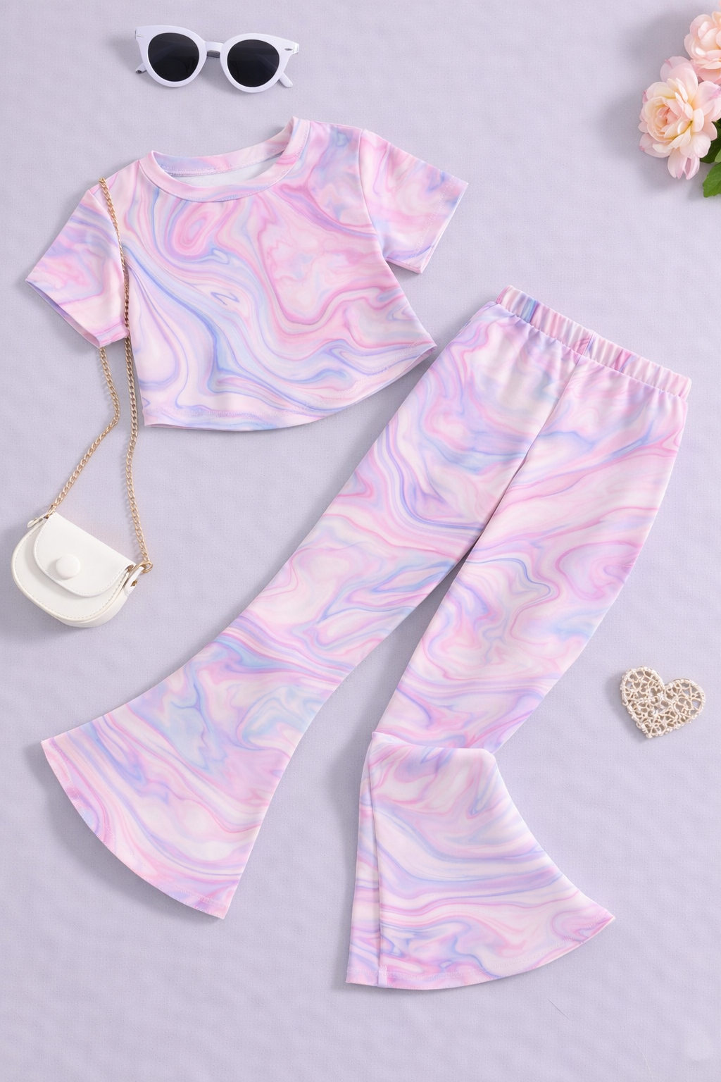 Girls Pastel Tie Dye Co-Ord Set | Kids Crop Top & Flared Pants Outfit | Trendy Casual Wear for Girls