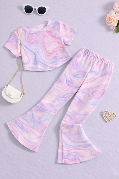 Girls Pastel Tie Dye Co-Ord Set | Kids Crop Top & Flared Pants Outfit | Trendy Casual Wear for Girls