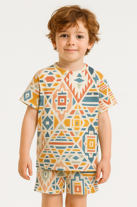 “Geo Vibe Cord Set – Colorful Tribal Geometric Print Summer Outfit for Boys”  Half Sleeve T-Shirt & Shorts Co-ord Set – Soft Cotton Nightwear / Lounge Wear