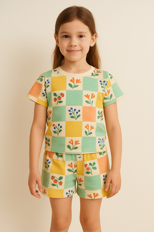 Garden Checks Cord Set | Color Block Floral & Fruit Print Cotton T-shirt & Shorts | Summer Outfit for Girls
