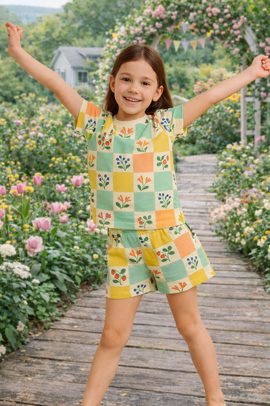 Garden Checks Cord Set | Color Block Floral & Fruit Print Cotton T-shirt & Shorts | Summer Outfit for Girls
