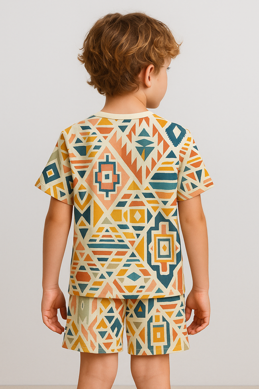 “Geo Vibe Cord Set – Colorful Tribal Geometric Print Summer Outfit for Boys”  Half Sleeve T-Shirt & Shorts Co-ord Set – Soft Cotton Nightwear / Lounge Wear