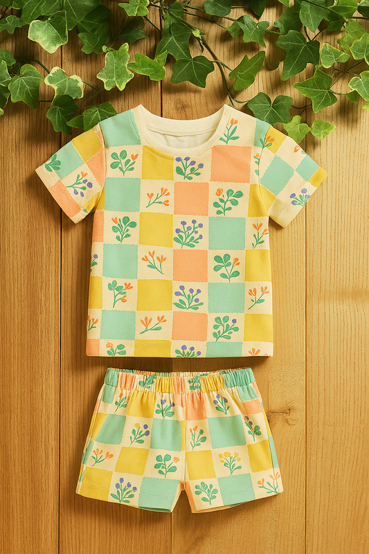 Color Block Floral & Fruit Printed Cordset For Girls
