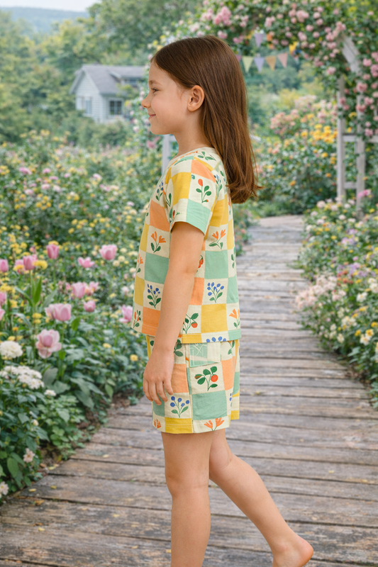 Garden Checks Cord Set | Color Block Floral & Fruit Print Cotton T-shirt & Shorts | Summer Outfit for Girls