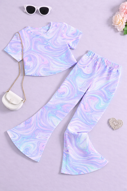 Girls Lavender Marble Co-Ord Set | Kids Crop Top & Flared Pants Outfit | Trendy Western Wear for Girls