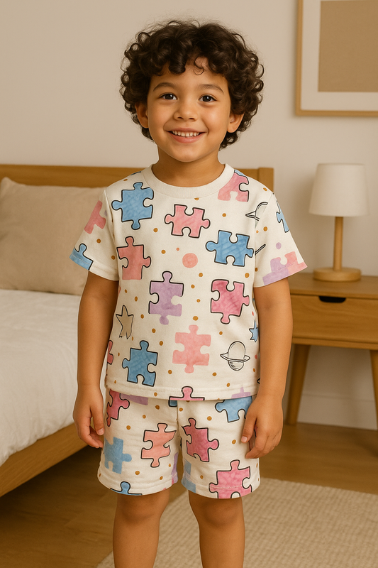 “Puzzle Pop Cord Set – Fun Color Block Puzzle Print Cotton Outfit for Boys”  Half Sleeve T-Shirt & Shorts Co-ord Set – Soft Cotton Nightwear / Lounge Wear