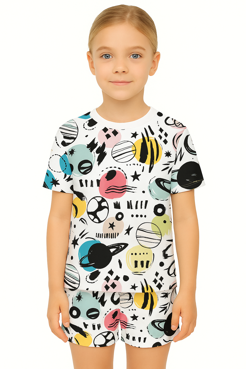 Cosmic Pop Cord Set | Abstract Space Print Cotton T-shirt & Shorts | Trendy Summer Outfit for Girls