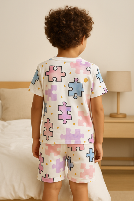 “Puzzle Pop Cord Set – Fun Color Block Puzzle Print Cotton Outfit for Boys”  Half Sleeve T-Shirt & Shorts Co-ord Set – Soft Cotton Nightwear / Lounge Wear