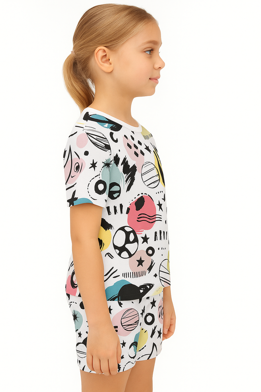 Cosmic Pop Cord Set | Abstract Space Print Cotton T-shirt & Shorts | Trendy Summer Outfit for Girls