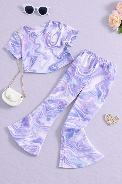 Girls Lilac Marble Co-Ord Set | Kids Crop Top & Flared Pants Outfit | Trendy Casual Wear for Girls