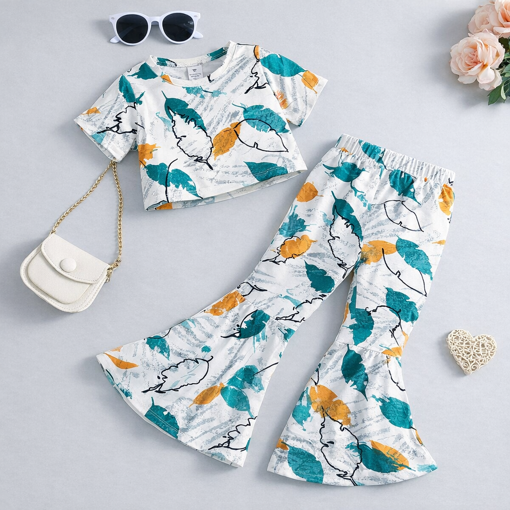Girls Printed Co-Ord Set with Crop Top & Flared Pants | Stylish Kids Western Wear Outfit for Girls