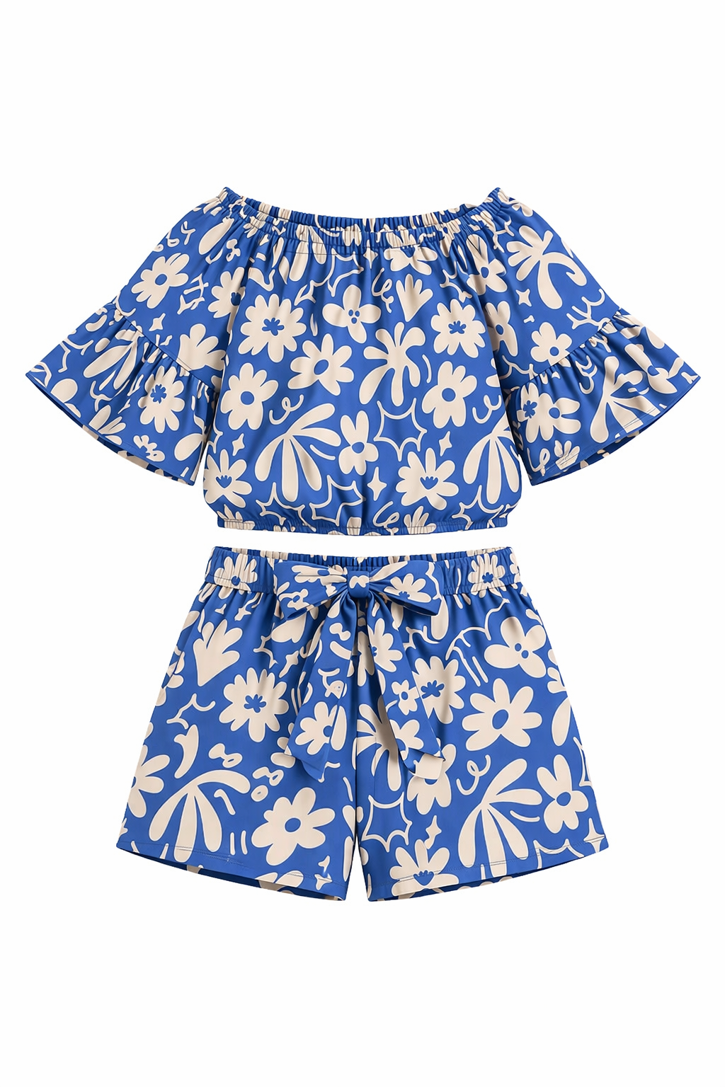 Girls Blue Floral Off-Shoulder Co-Ord Set – Summer Printed Top & Shorts