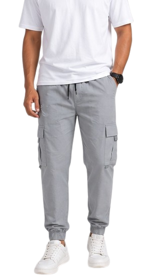 Light Grey Cargo Joggers for Men – Slim Fit Multi-Pocket Casual Streetwear Pants