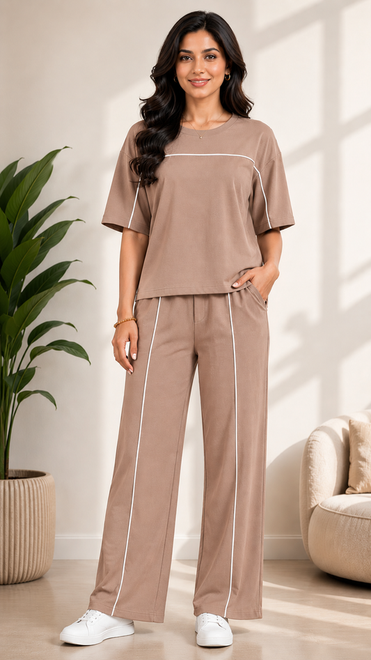 Women’s Beige Co-ord Lounge Set | Relaxed Fit T-Shirt & Wide Leg Pants