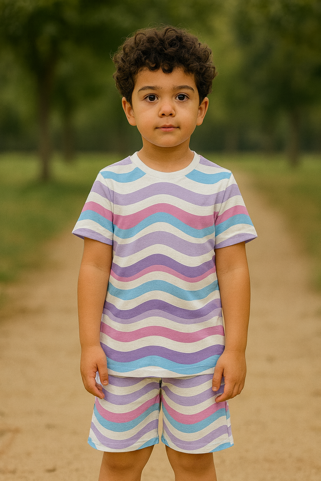 Wavy Whirl print set, kids co-ord summer outfit, polycotton kids nightwear, boys & girls teddy set, cute kids clothing, kids shorts and t-shirt set