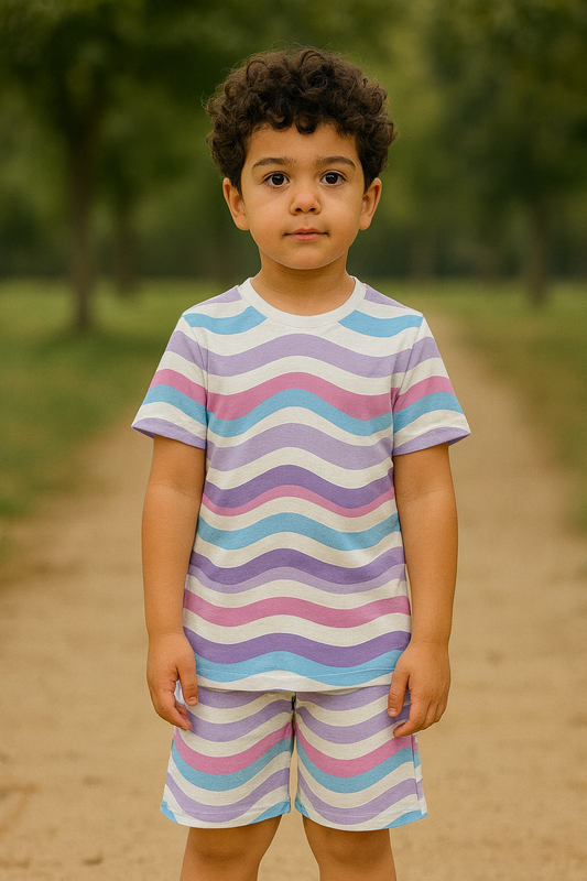 Wavy Whirl print set, kids co-ord summer outfit, polycotton kids nightwear, boys & girls teddy set, cute kids clothing, kids shorts and t-shirt set