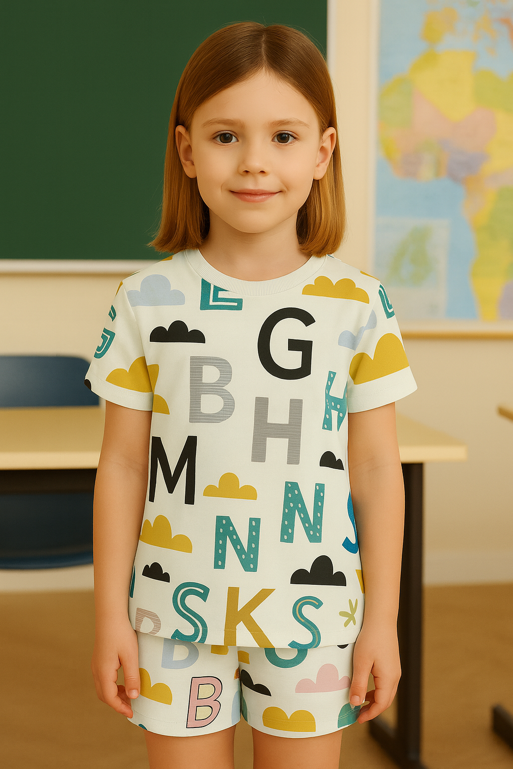 Alphabetland Kids Cord Set – Soft Fabric T-shirt & Shorts | Cloud & Letter Print | Summer Wear for Girls