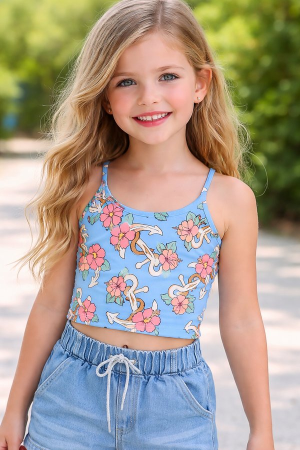 Floral Anchor Print Crop Cami Top – Tropical Summer Style