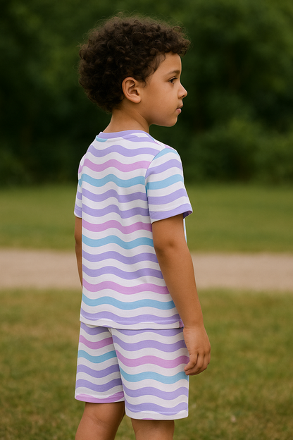 Wavy Whirl print set, kids co-ord summer outfit, polycotton kids nightwear, boys & girls teddy set, cute kids clothing, kids shorts and t-shirt set