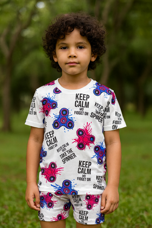 “Spin Pop Cord Set – Cool Fidget Spinner Graphic Print Outfit for Boys”  Half Sleeve T-Shirt & Shorts Co-ord Set – Soft Cotton Nightwear / Lounge Wear