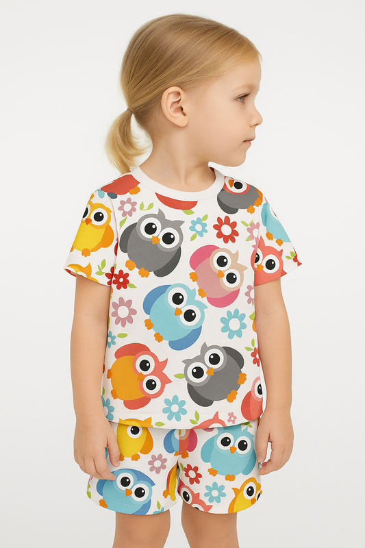 Owl Friends Cord Set | Colorful Cartoon Owl Print Cotton T-shirt & Shorts | Fun Summer Outfit for Girls