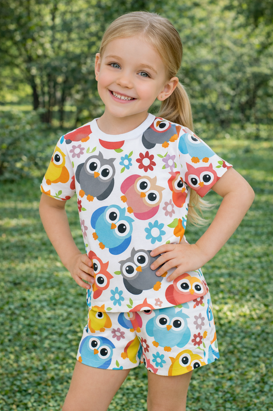Owl Friends Cord Set | Colorful Cartoon Owl Print Cotton T-shirt & Shorts | Fun Summer Outfit for Girls