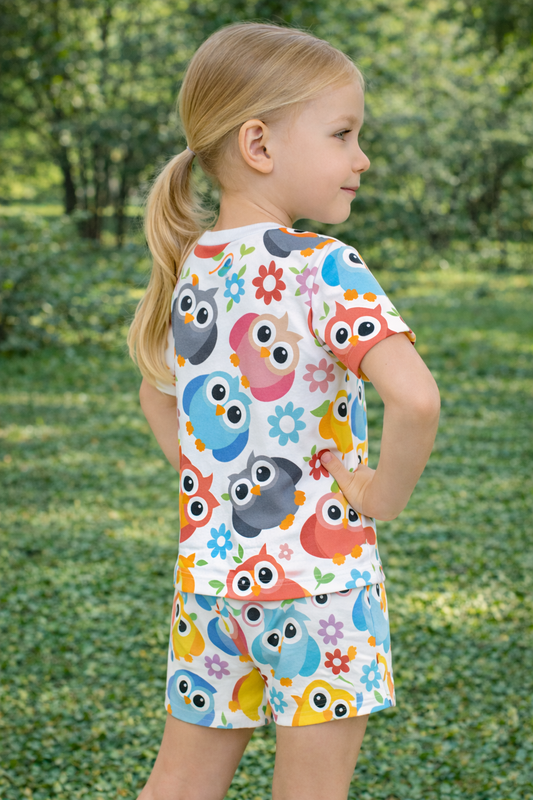 Owl Friends Cord Set | Colorful Cartoon Owl Print Cotton T-shirt & Shorts | Fun Summer Outfit for Girls
