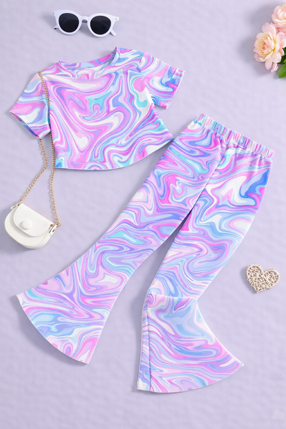 Girls Rainbow Marble Co-Ord Set | Kids Crop Top & Bell Bottom Pants Outfit | Trendy Party Wear for Girls