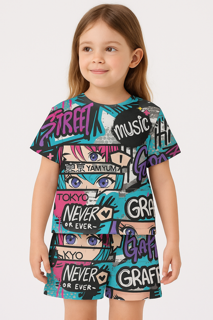 Urban Graff Collection: Cool Street Art Print Cord Set | Half Sleeve Cotton Top & Shorts for Boys & Girls