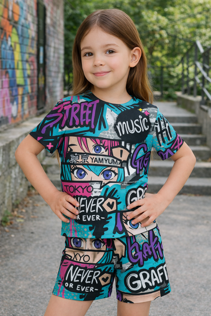 Urban Graff Collection: Cool Street Art Print Cord Set | Half Sleeve Cotton Top & Shorts for Boys & Girls