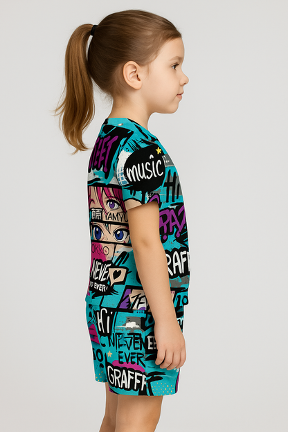 Urban Graff Collection: Cool Street Art Print Cord Set | Half Sleeve Cotton Top & Shorts for Boys & Girls