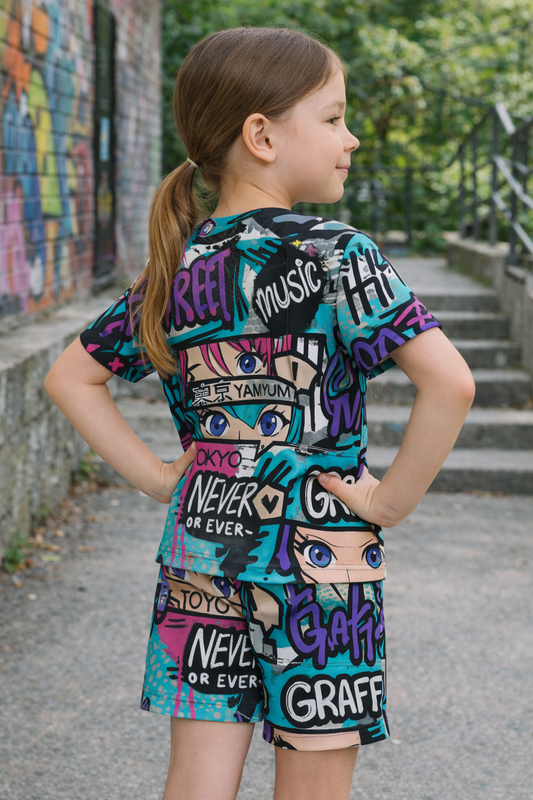 Urban Graff Collection: Cool Street Art Print Cord Set | Half Sleeve Cotton Top & Shorts for Boys & Girls