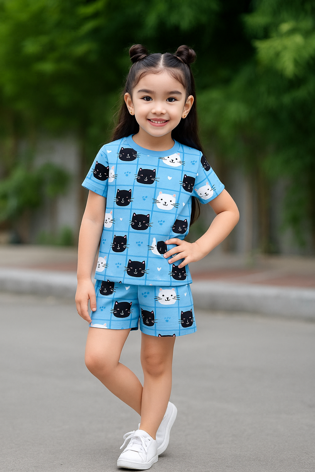 Purrfect Kitty Collection: Blue Cat Face Cord Set | Soft Cotton Half Sleeve Top & Shorts for Girls