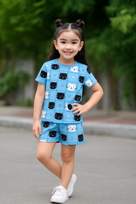 Purrfect Kitty Collection: Blue Cat Face Cord Set | Soft Cotton Half Sleeve Top & Shorts for Girls