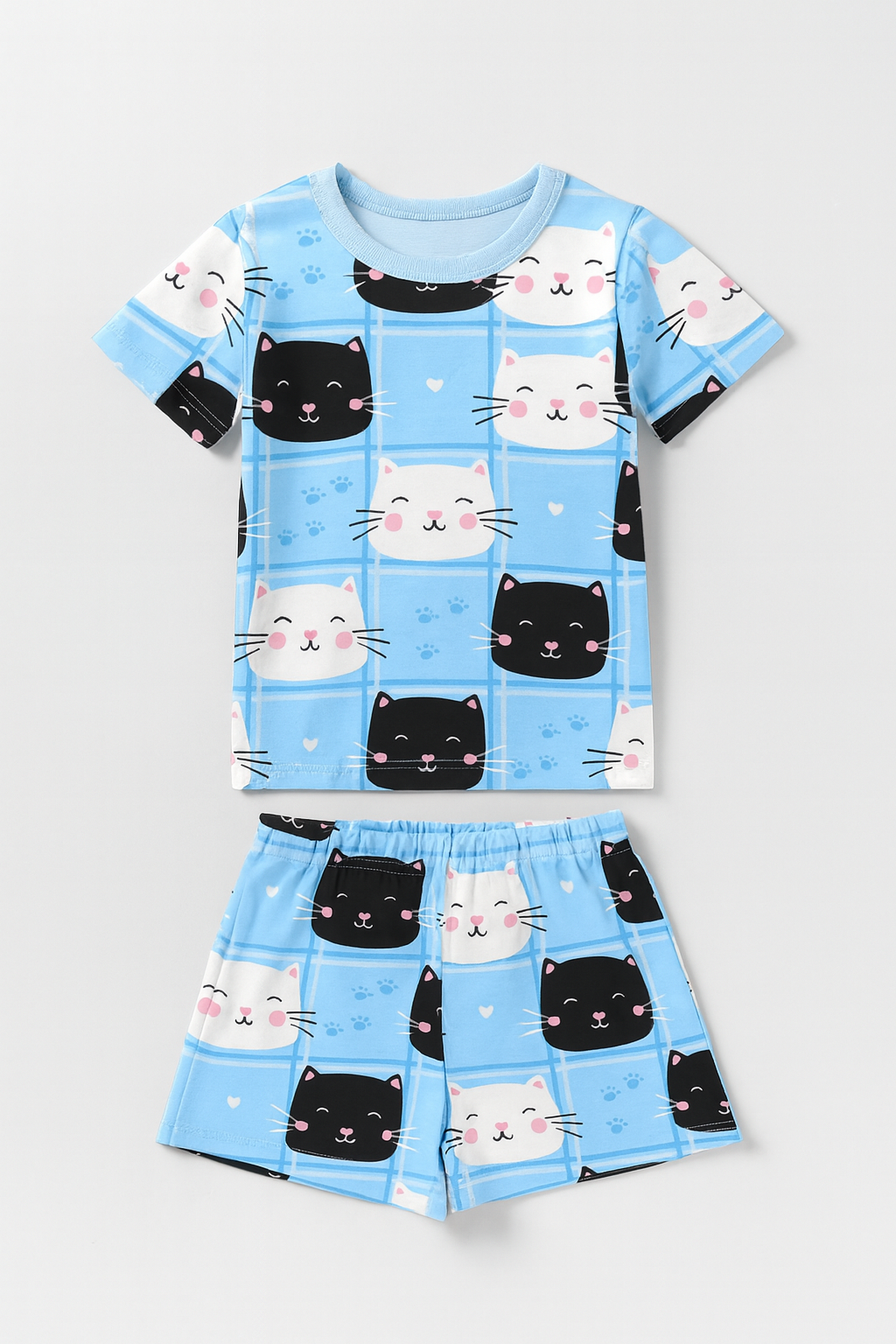 Blue Cat Face Printed Cordset For Girls