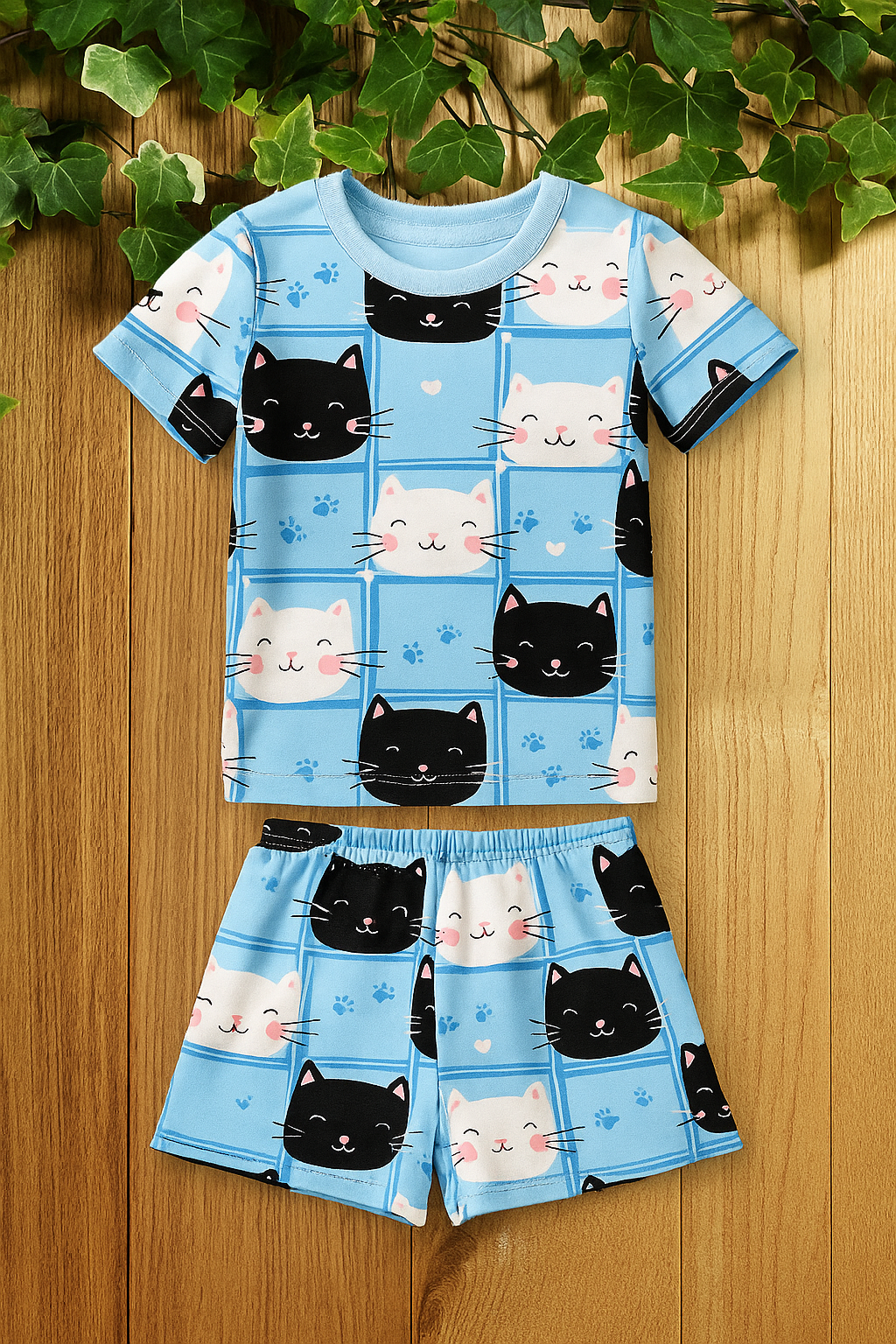 Blue Cat Face Printed Cordset For Girls