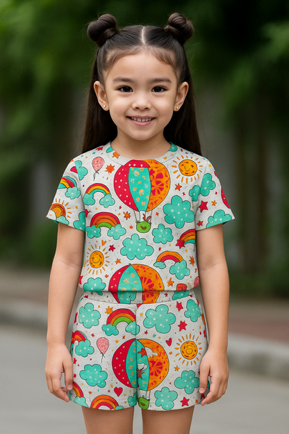 Sky Adventure Cord Set | Hot Air Balloon & Rainbow Print Cotton T-shirt & Shorts | Fun Summer Outfit for Girls