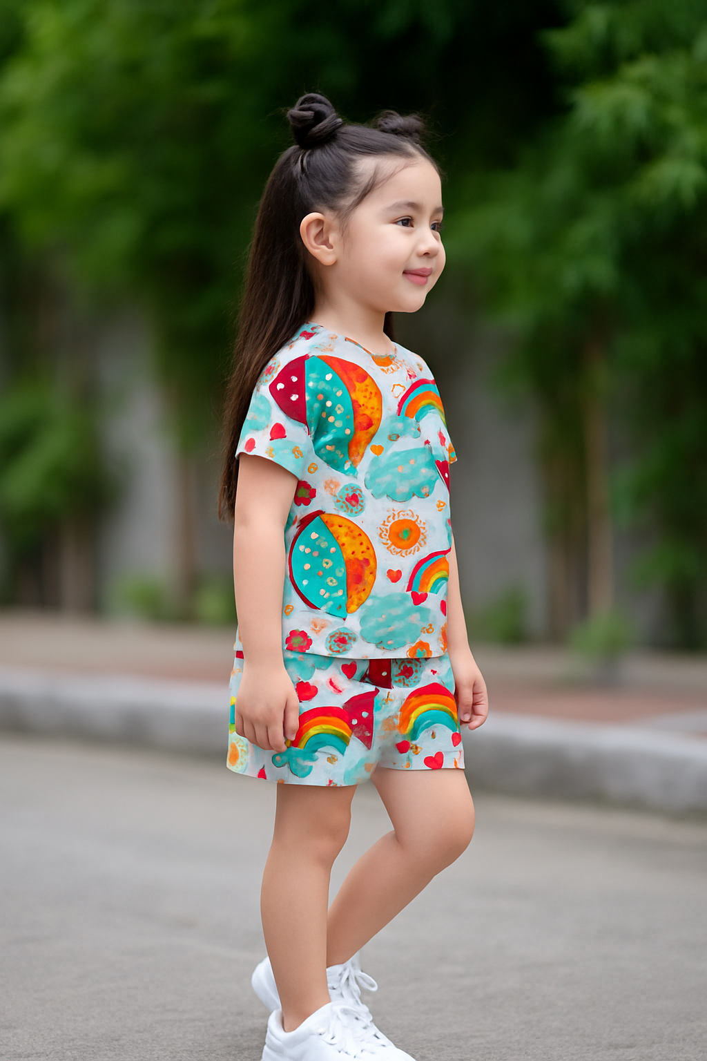 Sky Adventure Cord Set | Hot Air Balloon & Rainbow Print Cotton T-shirt & Shorts | Fun Summer Outfit for Girls